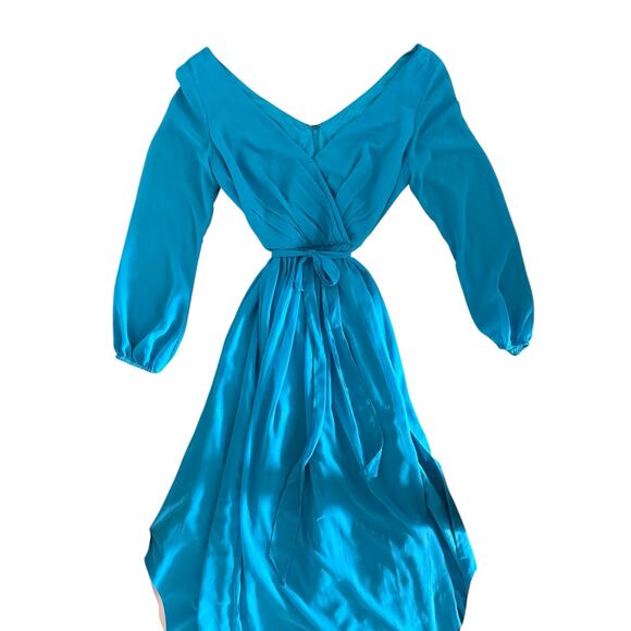 Celebrate DB Studio Teal Chiffon Long Sleeve V-Neck Dress SZ 14 Bridesmaid Gown - Picture 6 of 13